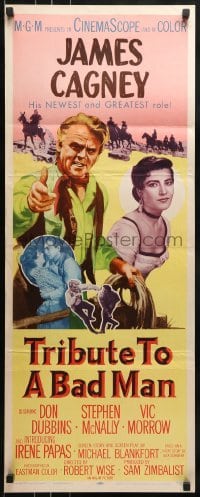 3j464 TRIBUTE TO A BAD MAN insert 1956 great art of cowboy James Cagney, pretty Irene Papas!