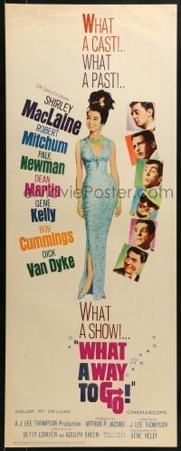 3j487 WHAT A WAY TO GO insert 1964 Paul Newman, Mitchum, Dean Martin, full-length Shirley MacLaine!