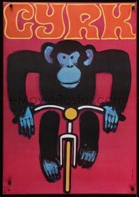 3k871 CYRK 27x38 Polish commercial poster 1968 circus, Gorka art of monkey on bicycle!