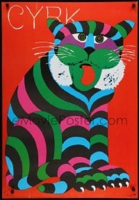 3k876 CYRK 27x38 Polish commercial poster 1980 wild different seated large cat by Hubert Hilscher!