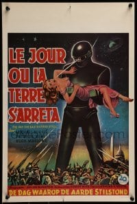 3k996 DAY THE EARTH STOOD STILL 14x21 Belgian REPRO poster 1990s art of Gort holding Patricia Neal!