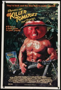 3k831 RETURN OF THE KILLER TOMATOES 27x41 video poster 1988 parody image of beefy tomato with gun!