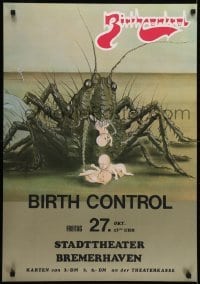 3k375 BIRTH CONTROL 23x33 German music poster 1970 wild art of giant grasshopper eating babies!