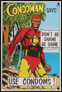 3k432 CONDOMAN SAYS DON'T BE SHAME BE GAME 20x30 Australian special poster 1980s wacky comic!