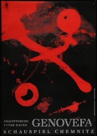 3k237 GENOVEFA 24x33 German stage poster 1990s wild, abstract red artwork, Peter Hacks!