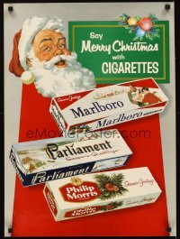 3k306 SAY MERRY CHRISTMAS WITH CIGARETTES 19x26 advertising poster 1950s art of Santa & cigs!