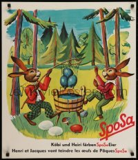 3k310 SPOSA 24x28 Swiss advertising poster 1950s cool art of two happy rabbits dying eggs!