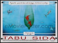 3k519 TABU SIDA 18x24 Tahitian poster 1992 Bouhier art of fish in a condom protected from sharks!