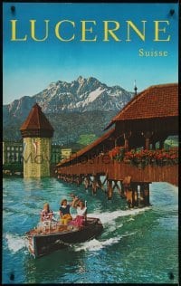 3k083 LUCERNE SUISSE 25x40 Swiss travel poster 1960s two sexy women on boat by Kapellbrucke