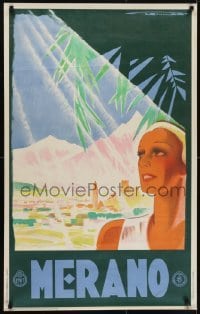 3k084 MERANO 25x39 Italian travel poster 1934 art of woman on beach with city behind by Lenhart!