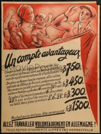 3k061 UN COMPTE AVANTAGEUX 24x32 Belgian WWII war poster 1940s Nazi German labor shortage!