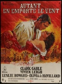3p719 GONE WITH THE WIND French 1p R1970s Terpning art of Gable & Leigh over burning Atlanta!