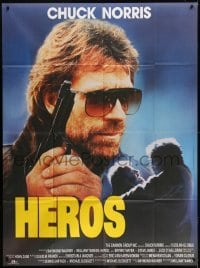3p732 HERO & THE TERROR French 1p 1988 great close up of Chuck Norris with gun & sunglasses!