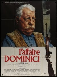 3p770 L'AFFAIRE DOMINICI red title French 1p 1973 close up of Jean Gabin by rifle, Pierre Leve art!