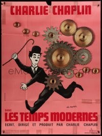 3p806 MODERN TIMES French 1p R1970s Leo Kouper art of Charlie Chaplin running by giant gears!