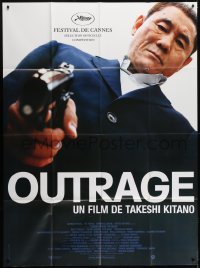 3p832 OUTRAGE French 1p 2010 super close up of tough Takeshi Kitano pointing gun!