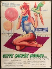 3p933 THAT NAUGHTY GIRL French 1p 1958 Hurel art of sexy Brigitte Bardot with balloons & parrot!