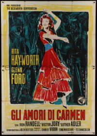 3p469 LOVES OF CARMEN Italian 2p R1960 cool different artwork of sexy dancing Rita Hayworth!