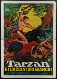 3p507 TARZAN & THE HUNTRESS Italian 2p R1960s different Piovano art of Weissmuller slaying panther!