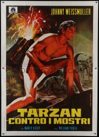 3p508 TARZAN'S DESERT MYSTERY Italian 2p R1970s Piovano art of Weissmuller, dinosaurs & volcano!