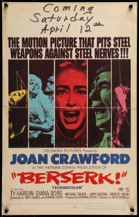 3p028 BERSERK WC 1967 crazy Joan Crawford, sexy Diana Dors, pits steel weapons vs steel nerves!