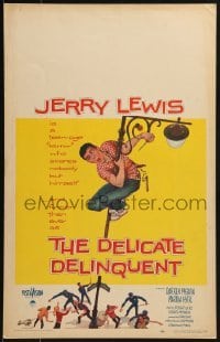 3p053 DELICATE DELINQUENT WC 1957 wacky teen-age terror Jerry Lewis hanging from light post!