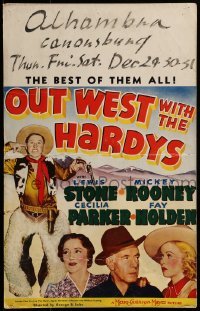 3p156 OUT WEST WITH THE HARDYS WC 1938 cowboy Mickey Rooney as Andy Hardy with gun, Lewis Stone
