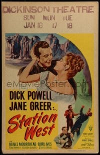 3p197 STATION WEST WC 1948 romantic art of cowboy Dick Powell & sexy Jane Greer, Burl Ives!