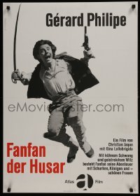 3t496 FANFAN THE TULIP German R1965 great wacky image of Gerard Philipe leaping with sword/gun!