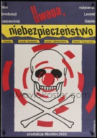 3t811 OPASNO DLYA ZHIZNI Polish 27x38 1986 cool Zalewski art of skull w/fangs and clown nose!