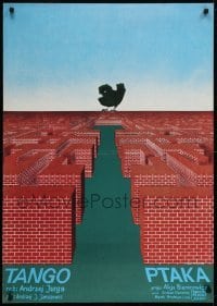 3t835 TANGO PTAKA Polish 27x38 1980 artwork of black bird over maze of bricks by Pawel Petrycki!
