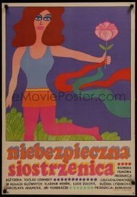 3t741 VIRGINITY & PRISON Polish 23x33 1970 Mensik, colorful Krajewski art of girl holding flower!