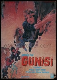 3t078 GOONIES Yugoslavian 19x27 1985 cool blown up Drew art of top cast hanging from stalactite!