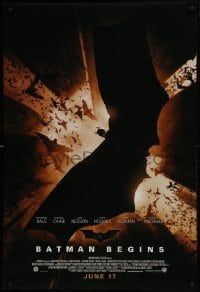 3w088 BATMAN BEGINS advance DS 1sh 2005 June 17, image of Christian Bale in title role flying w/bats!