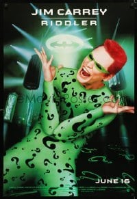 3w089 BATMAN FOREVER advance 1sh 1995 cool image of Jim Carrey as The Riddler!