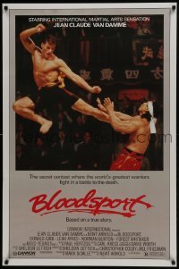 3w127 BLOODSPORT 1sh 1988 cool image of Jean Claude Van Damme kicking Bolo Yeung in his huge pecs!