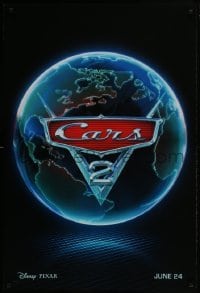 3w158 CARS 2 advance DS 1sh 2011 Disney animated automobile racing sequel, image of earth and cast!