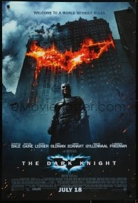 3w196 DARK KNIGHT advance DS 1sh 2008 Christian Bale as Batman in front of burning bat symbol!