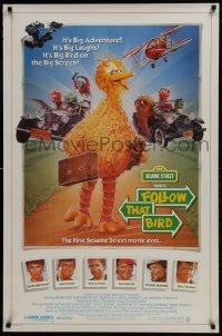 3w295 FOLLOW THAT BIRD 1sh 1985 great art of the Big Bird & Sesame Street cast by Steven Chorney!