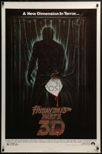 3w307 FRIDAY THE 13th PART 3 - 3D 1sh 1982 slasher sequel, art of Jason stabbing through shower!