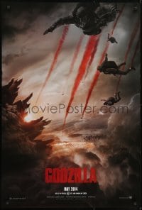 3w338 GODZILLA teaser DS 1sh 2014 image of soldiers parachuting over burning San Francisco!