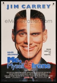 3w577 ME, MYSELF & IRENE style A advance DS 1sh 2000 wacky portrait image of two-faced Jim Carrey!