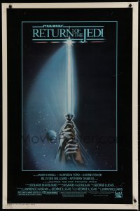 3w716 RETURN OF THE JEDI 1sh 1983 George Lucas, art of hands holding lightsaber by Tim Reamer!
