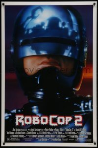 3w737 ROBOCOP 2 DS 1sh 1990 great close up of cyborg policeman Peter Weller, sci-fi sequel!