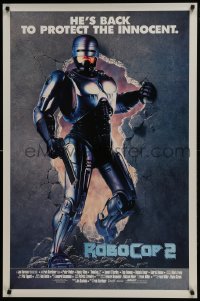 3w738 ROBOCOP 2 int'l 1sh 1990 full-length cyborg policeman Peter Weller busts through wall, sequel!