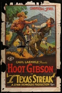 3w879 TEXAS STREAK 1sh 1926 western art of Blanche Mehaffey & Hoot Gibson punching out bad guy!