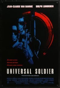 3w931 UNIVERSAL SOLDIER 1sh 1992 cool image of Jean-Claude Van Damme & Dolph Lundgren w/guns!
