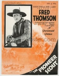 3x113 PIONEER SCOUT English trade ad 1928 great close up of cowboy Fred Thompson!