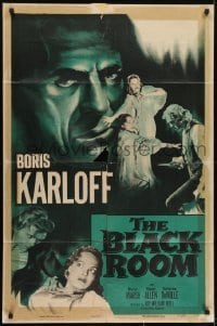 3y099 BLACK ROOM 1sh R1955 great close image of creepy Boris Karloff & scared Marian Marsh, horror!