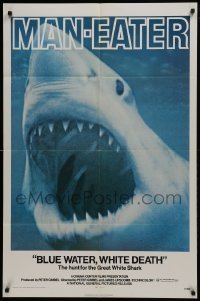 3y113 BLUE WATER, WHITE DEATH 1sh 1971 cool super close image of great white shark with open mouth!